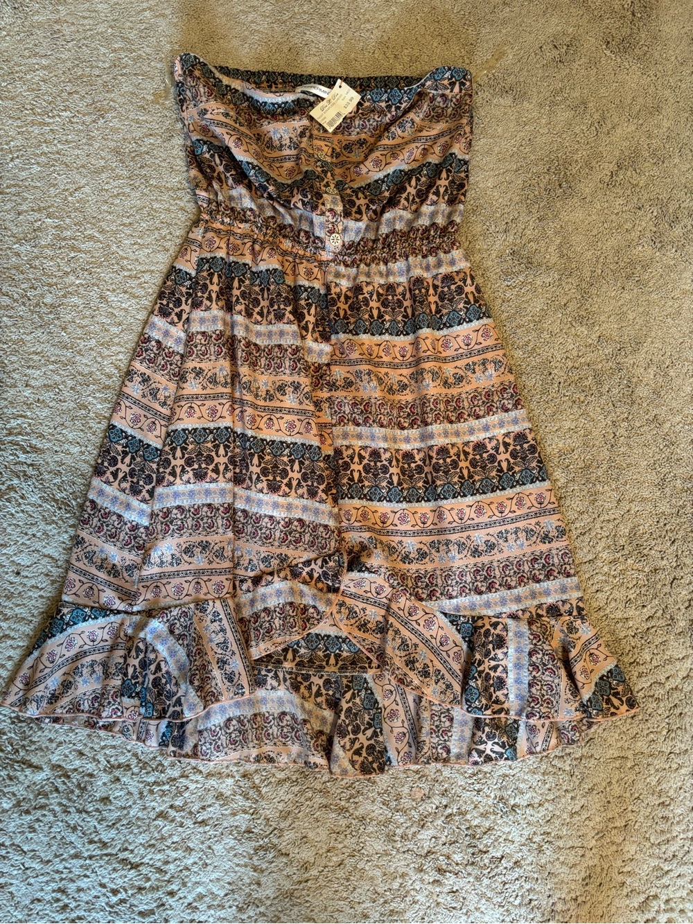 Peppermint Strapless Patterned Dress in Beige, Black and Pink